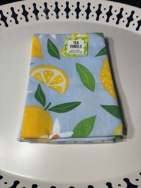New Lemon Print Tea Towels - Bright Blue Background Set of 2